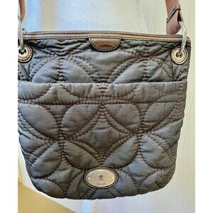 Fossil Key Per Fabric Quilted Crossbody Brown Slingbag Purse W/ Lock & Key Charm